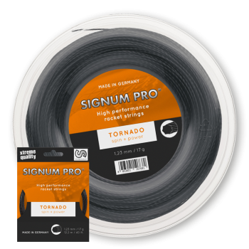 tennis string of the brand Signum Pro model Tornado in the color black as a roll and string set